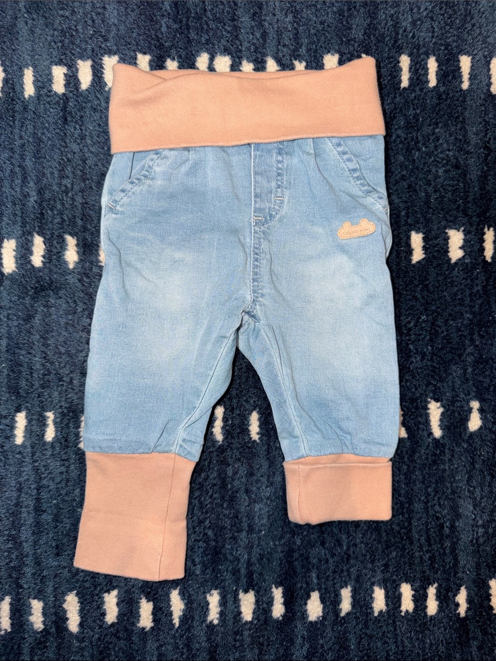 Toddler Light Blue Denim Jogger Pants with Pink Waist and Cuffs